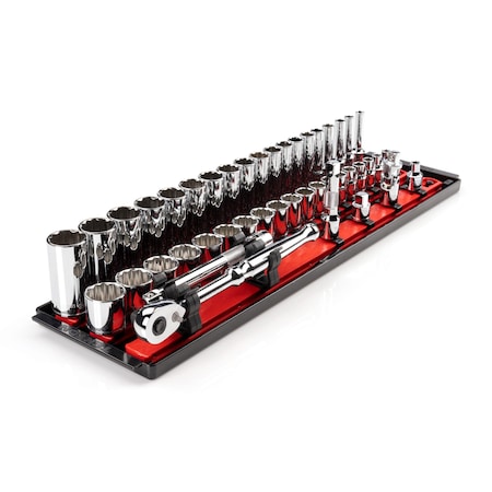 TEKTON 3/8 Inch Drive 12-Point Socket and Ratchet Set with Rails, 44-Piece (6-24 mm) | SKT13202